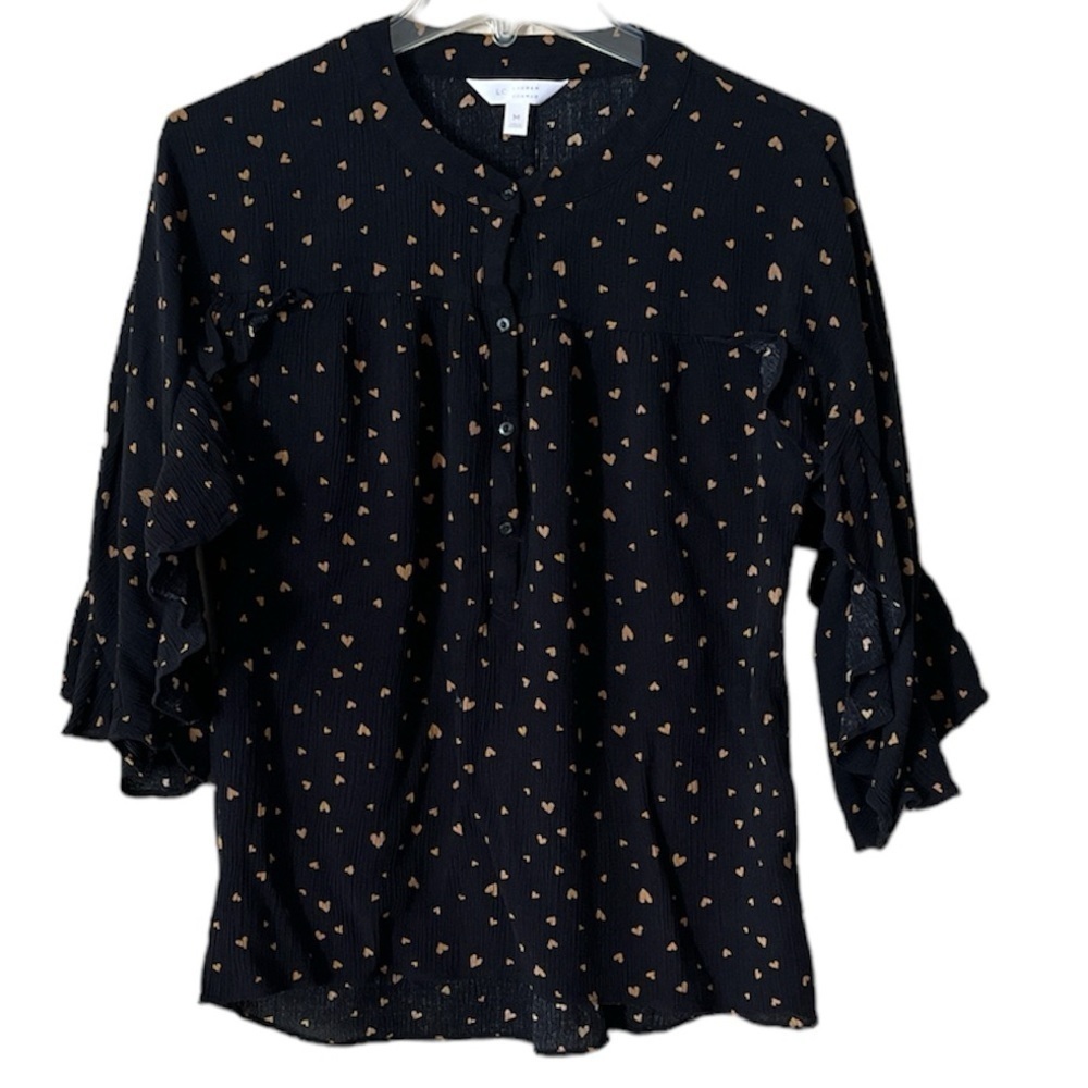 LC Lauren Conrad Ruffle Blouse Black with Tan Hearts Ruffled Sleeves Size Medium